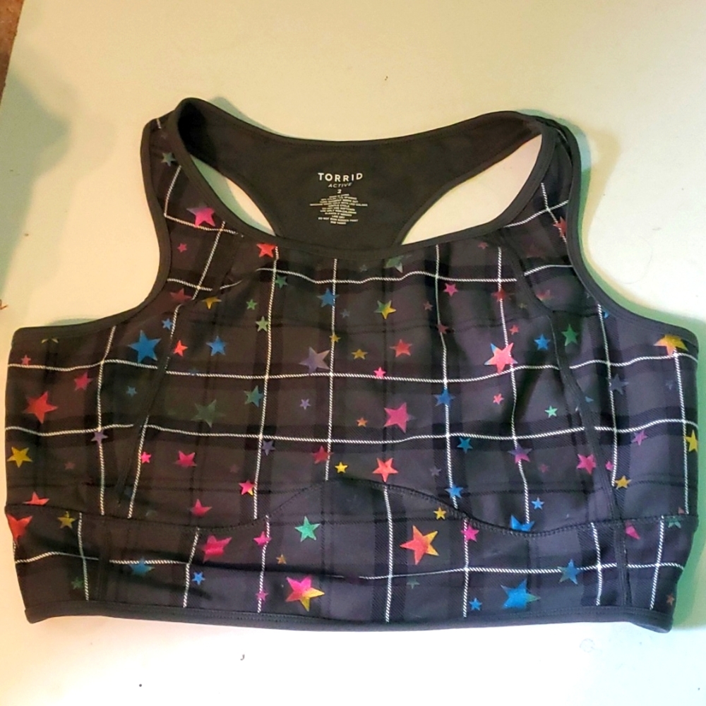 -Torrid women's 2 grey plaid with colorful stars design active wear sport…